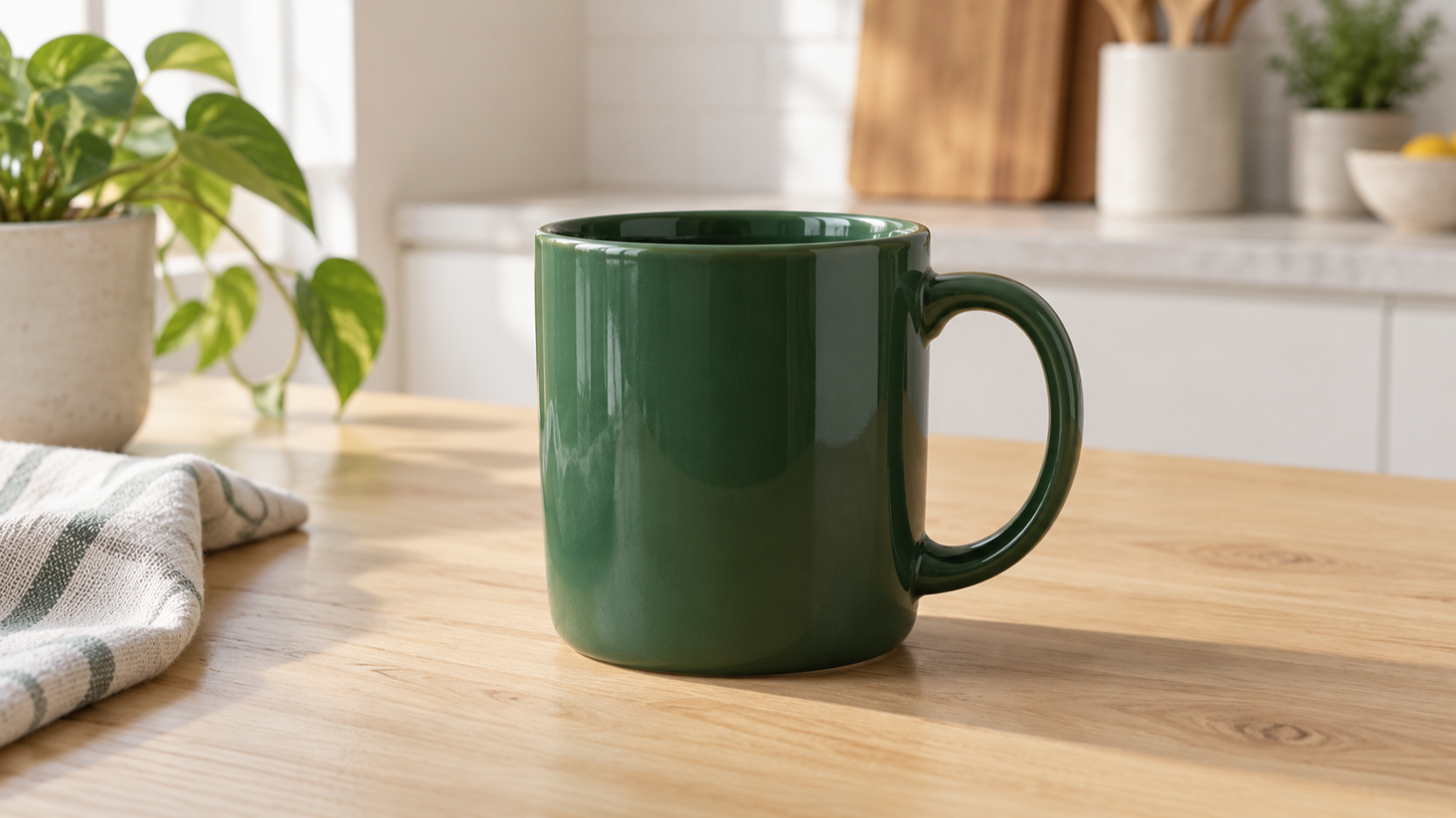 Forest-green mug in a bright kitchen, illustrating a targeted product color edit