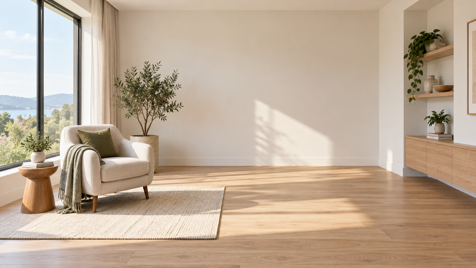Armchair beside a window in a bright living room