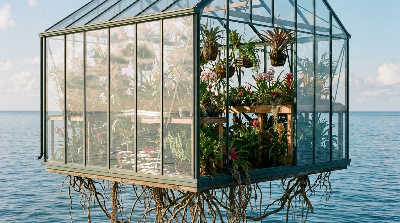 Nano Banana fantasy prompt showing a glass greenhouse floating above a calm ocean, filled with lush tropical plants and trailing roots