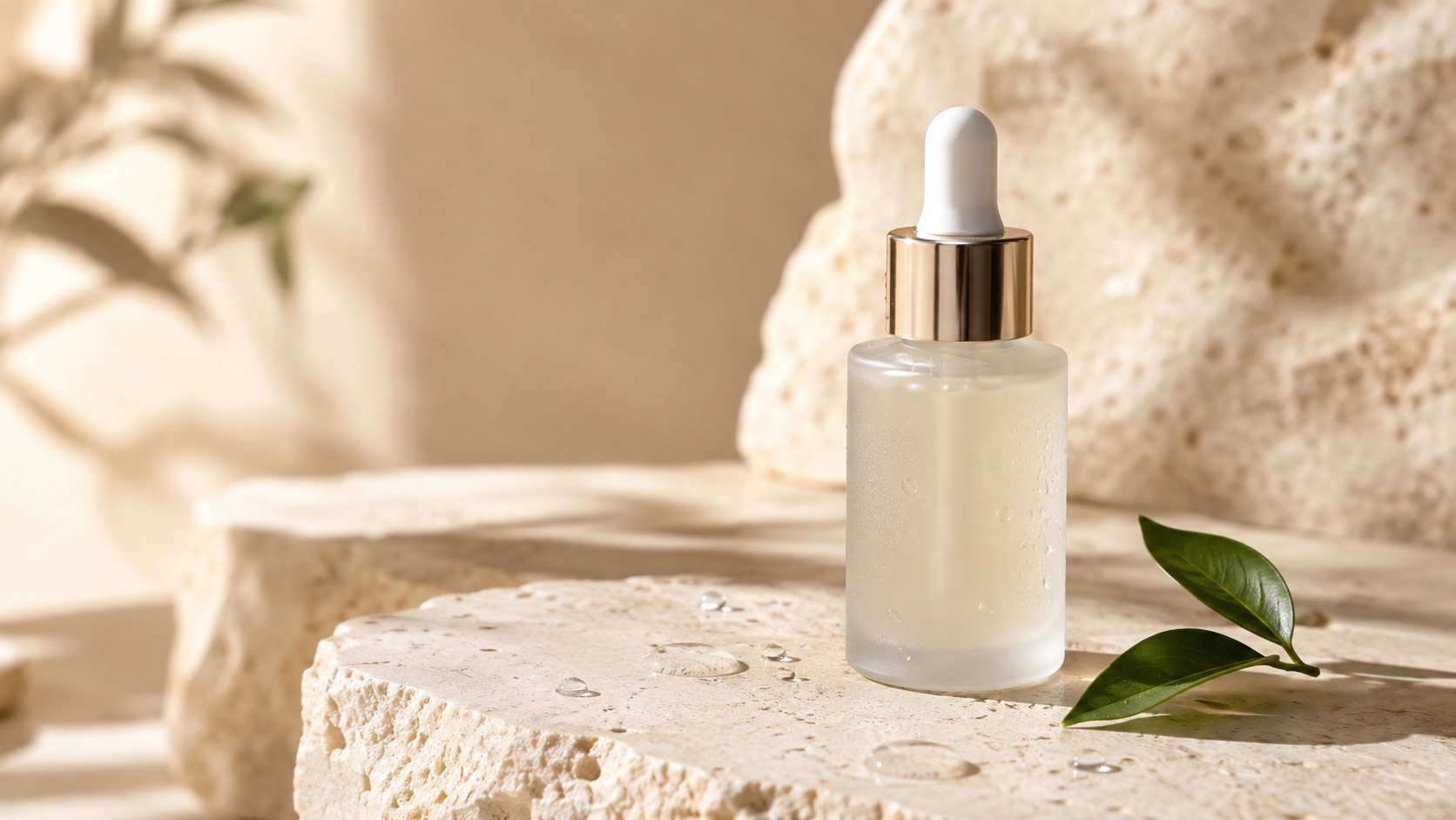Nano Banana product photography prompt showing a skincare serum bottle on pale limestone