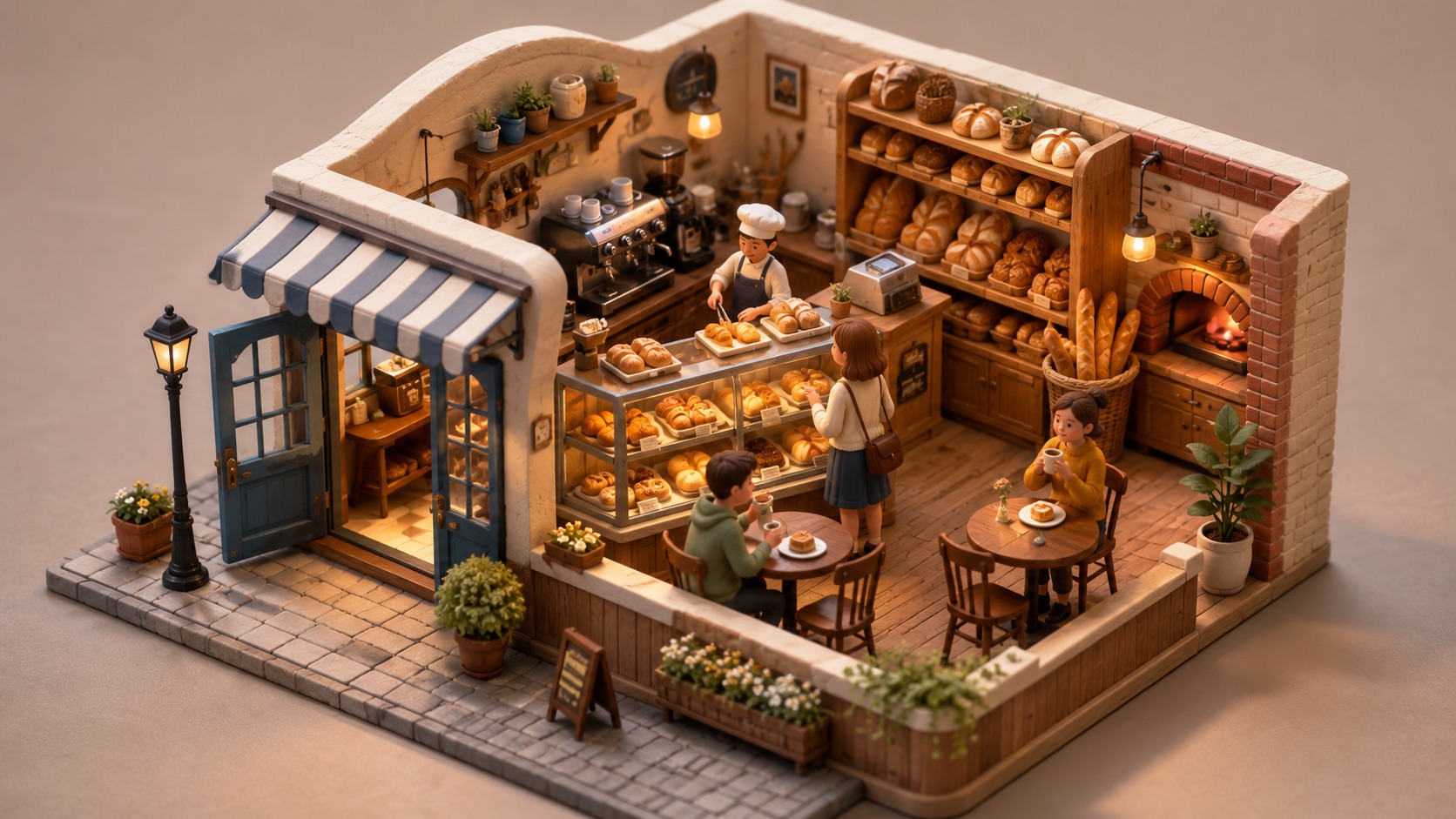 Nano Banana 3D prompt showing an isometric miniature neighborhood bakery with customers and bread shelves