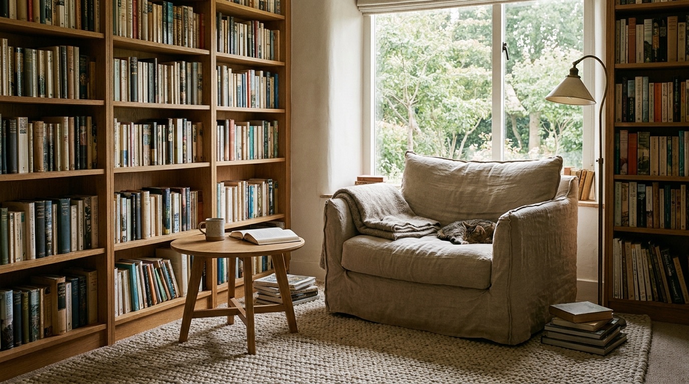 Nano Banana interior design prompt showing a cozy reading room with built-in wooden bookshelves, a linen armchair, and soft afternoon light