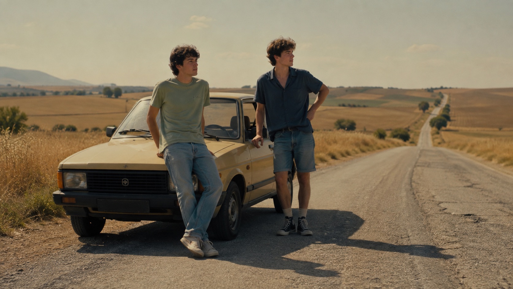 Nano Banana cinematic prompt showing two friends beside an old car on a rural summer road