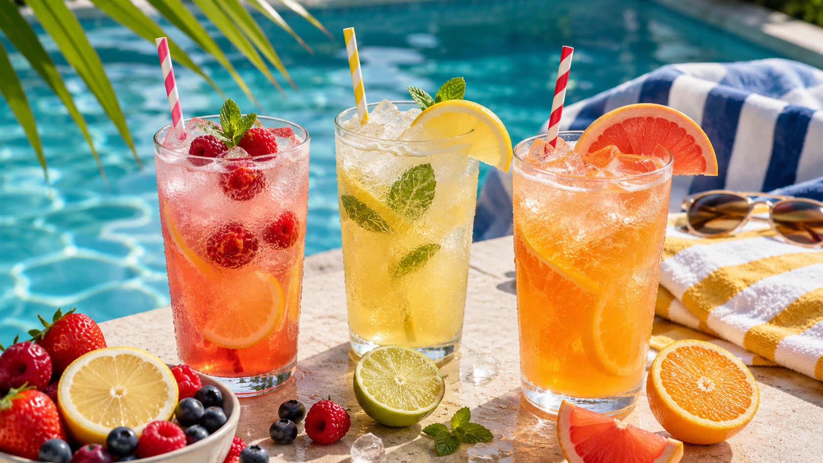 Nano Banana advertising prompt showing colorful sparkling fruit drinks beside a sunny swimming pool