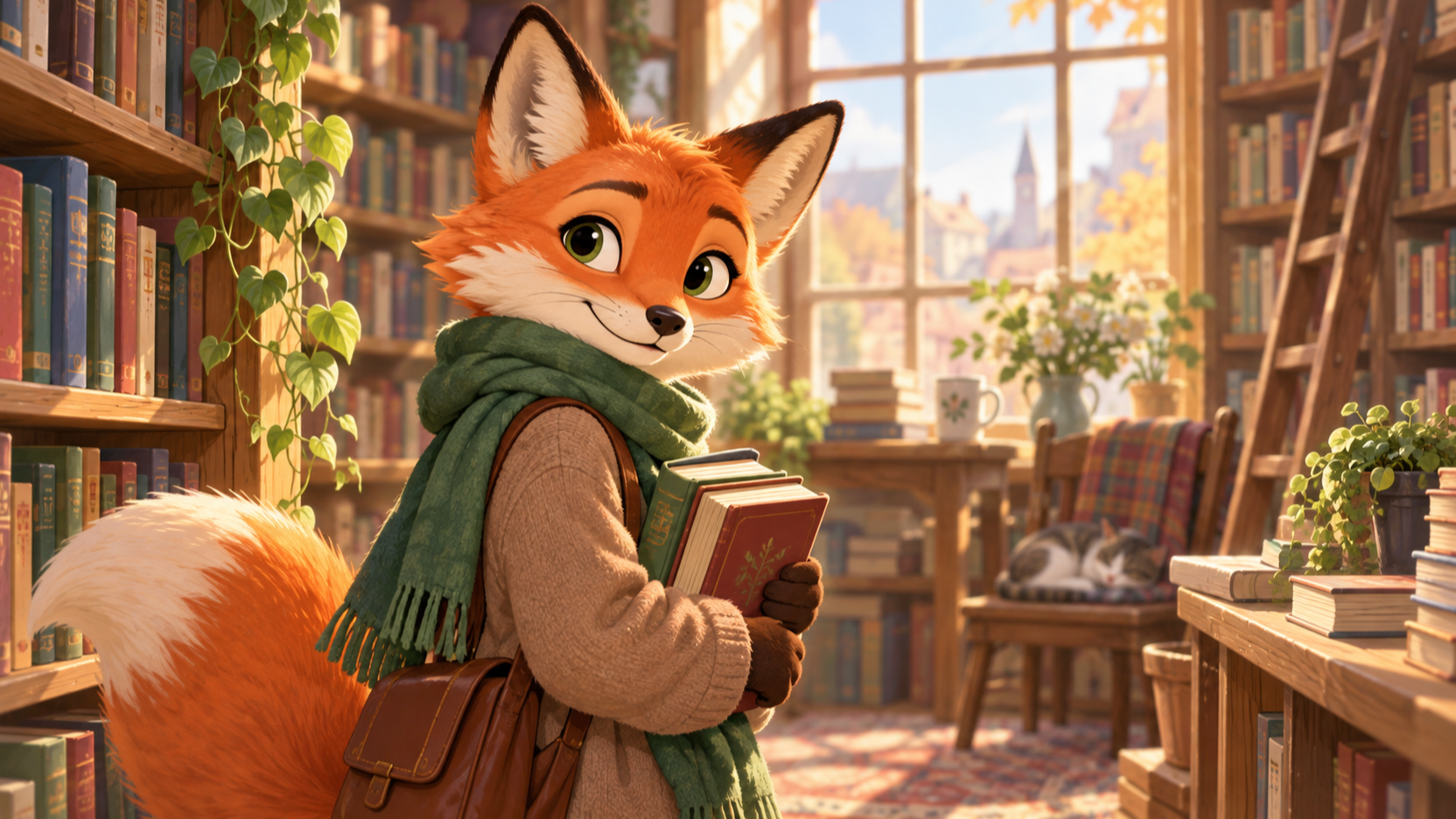 Illustrated fox character wearing a green scarf in a bookstore