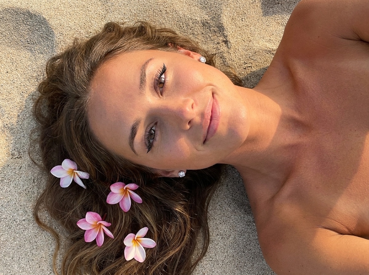 Nano Banana realistic beach portrait prompt showing a tanned woman lying on light-brown sand with tropical flowers in her hair