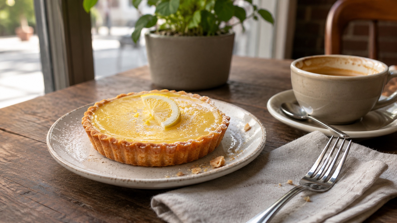 Nano Banana food photography prompt showing a lemon tart and coffee in a sunlit café
