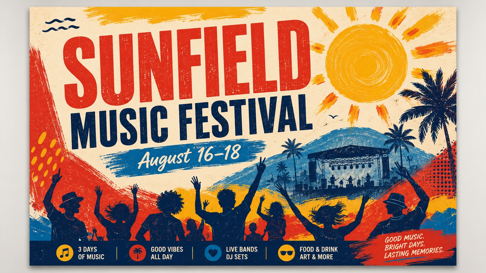 Nano Banana poster prompt example with Sunfield Music Festival typography and retro screen-print design