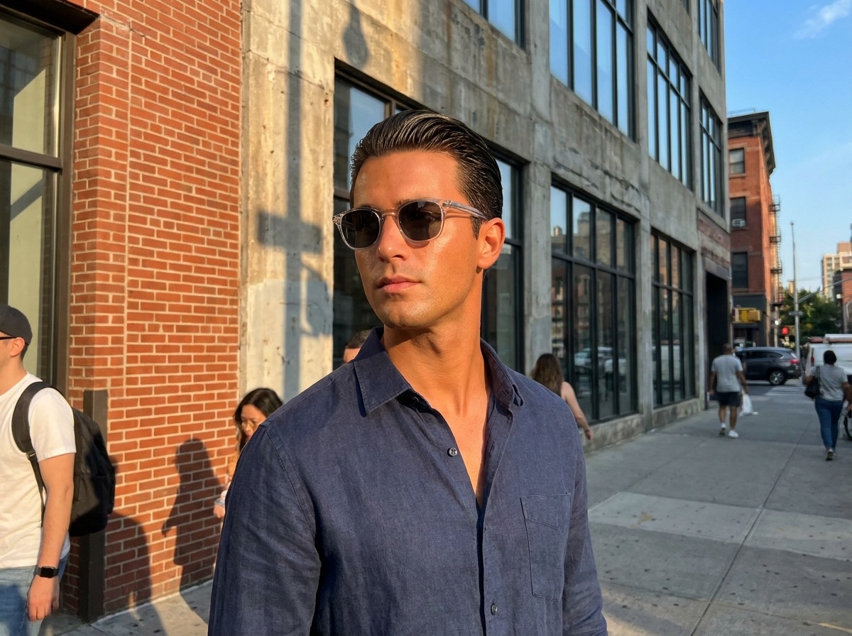 Nano Banana fashion prompt showing a stylish man in a navy linen shirt standing in a sunlit urban street scene